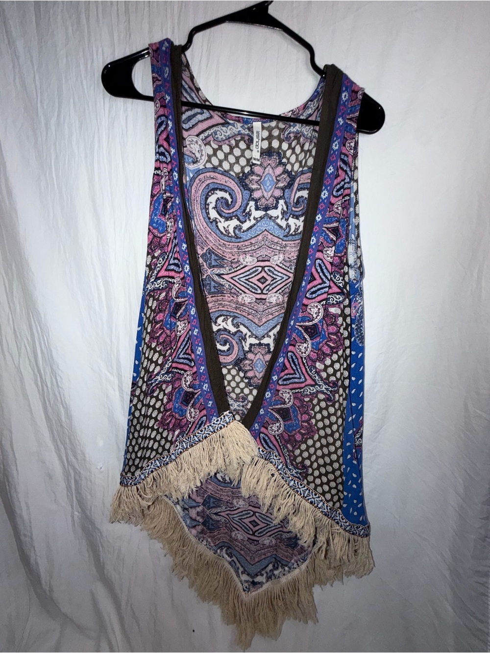 leshop Boho Paisley Fringe Kimono Vest Top Size Medium Pink Blue
